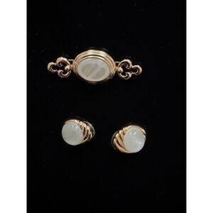 Vintage Monet signed brooch and earrings set, goldtone with opalescent Lucite.